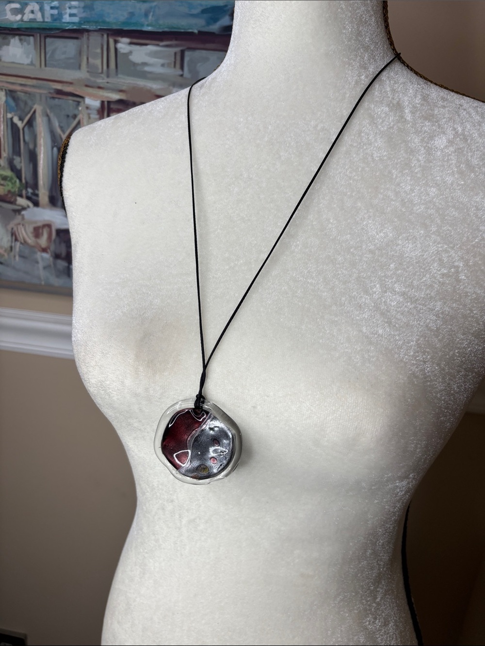 Handcrafted Red and Silver Round Glass Pendant Necklace